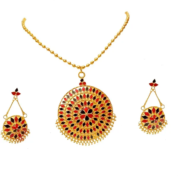 Assamese_Traditional_Gold_Plated_Red_Black_Colour_Japi_Chain_Jewellery_Set_For_Women